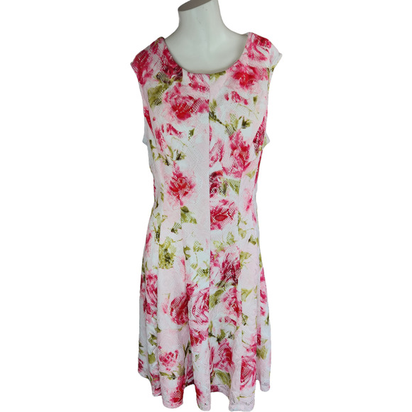 Studio One Womens 18 Sleeveless Floral Pink Roses Lace A-Line Dress Knee Length - Picture 1 of 13